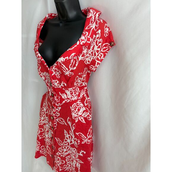 Free People Linen Red Floral Dress Size 6 Button Front Cottagecore Prairie Cute - Picture 4 of 11